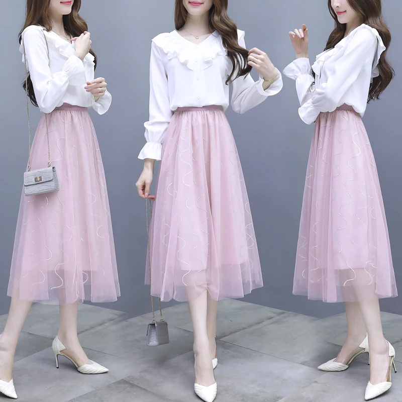 2019 Spring New Woman Fairy Two-Piece Sweet French Fashion Suits White Chiffon Shirt V Neck Blouse Top Long Net Skirt S-XXL |