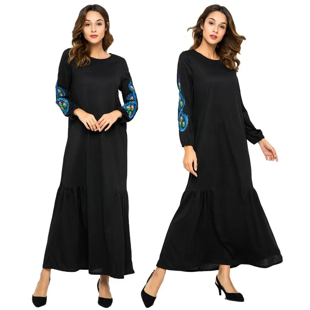 Мусульманское женское Макси Платье с вышивкой длинный рукав халат Абая джилбаб