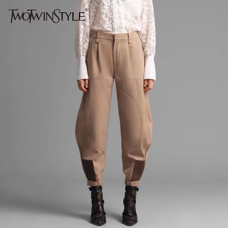 TWOTWINSTYLE Лоскутная искусственная кожа шерсть Фонари брюки Для женщин Высокая