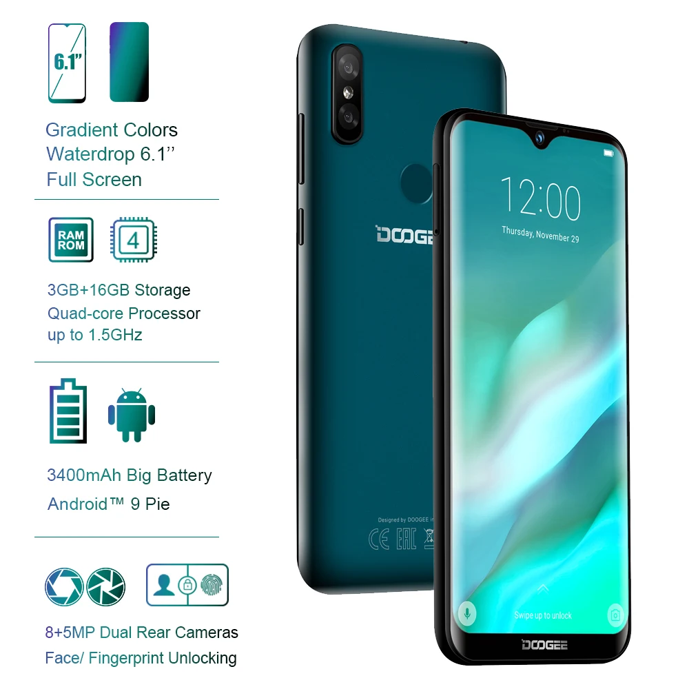 Смартфон DOOGEE Y8 Android 9 0 FDD LTE 6 1 дюйма 19:9 LTPS экран MTK6739 3 Гб RAM 16 ГБ ROM 3400 мАч две sim карты