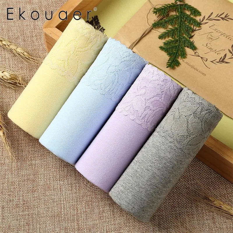 Ekouaer 4 шт./кор. Для женщин трусики 100% хлопоковое Сексуальные трусы мягкие дышащие