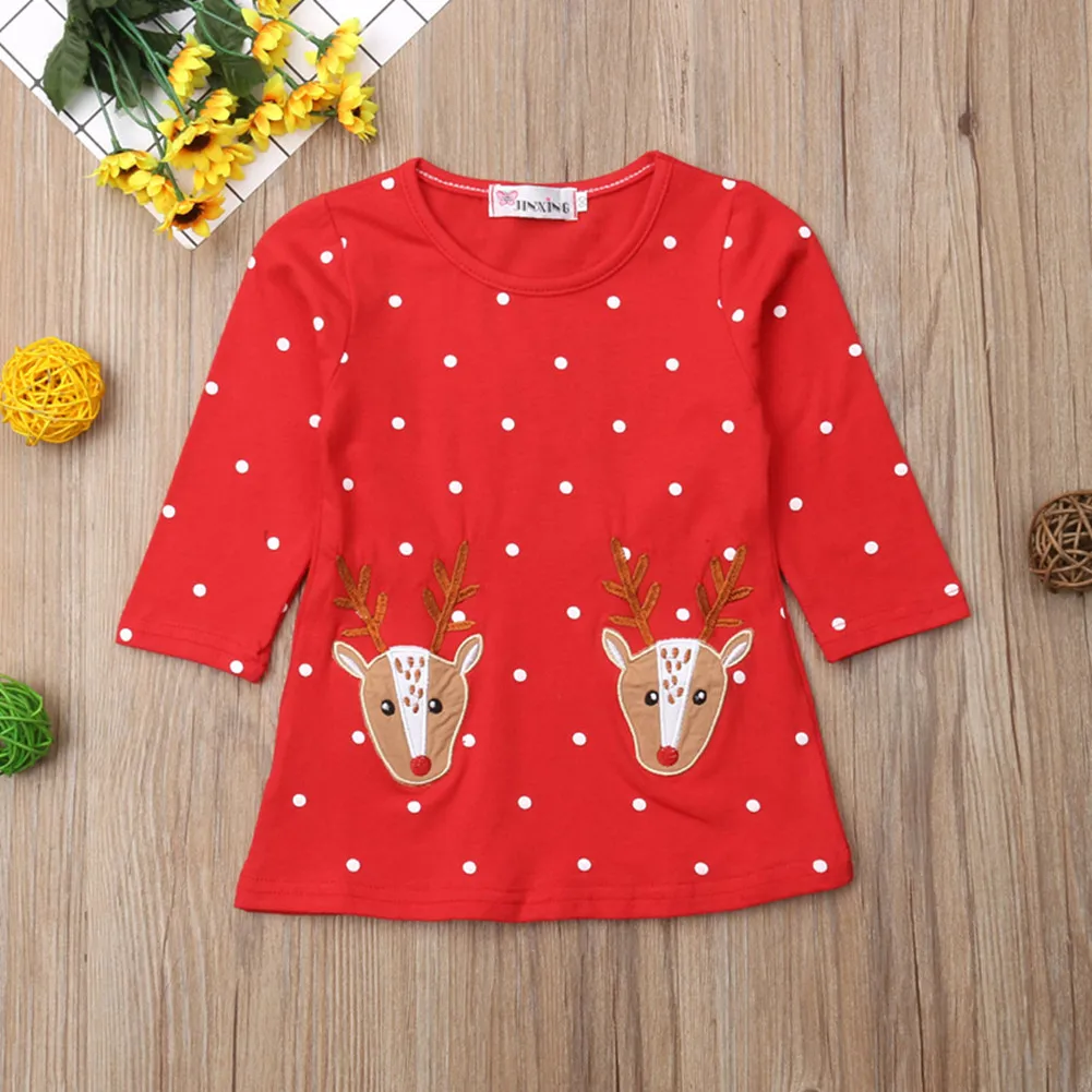 Toddler Baby Girls Christmas Dresses Xmas Deer Dot A-Line Kids Dress Outfit Costume Holiday Gift Autumn Cotton Clothes 6M-6Y | Детская