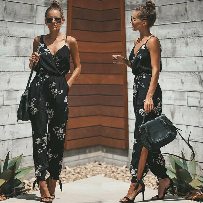 

Women Boho Floral Sleeveless Jumpsuit Romper Bodysuit Pencil Wide Leg Long Trousers V-Neck Holiday Playsuit