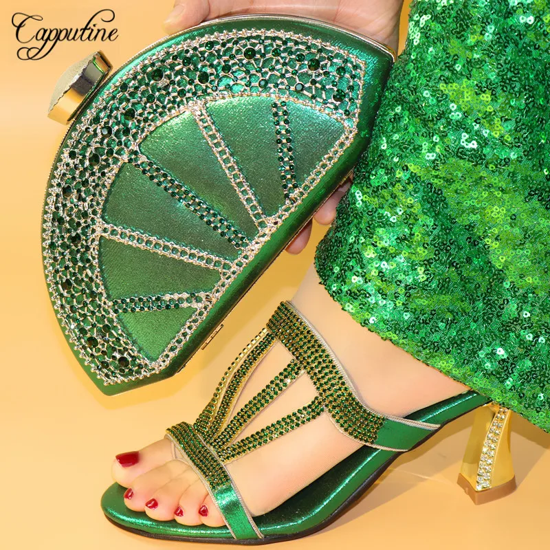 

Capputine Fashion New Design Rhinestone Green Woman Shoes And Bag Set Italian Style Shoes With Matching Bag Set For Party