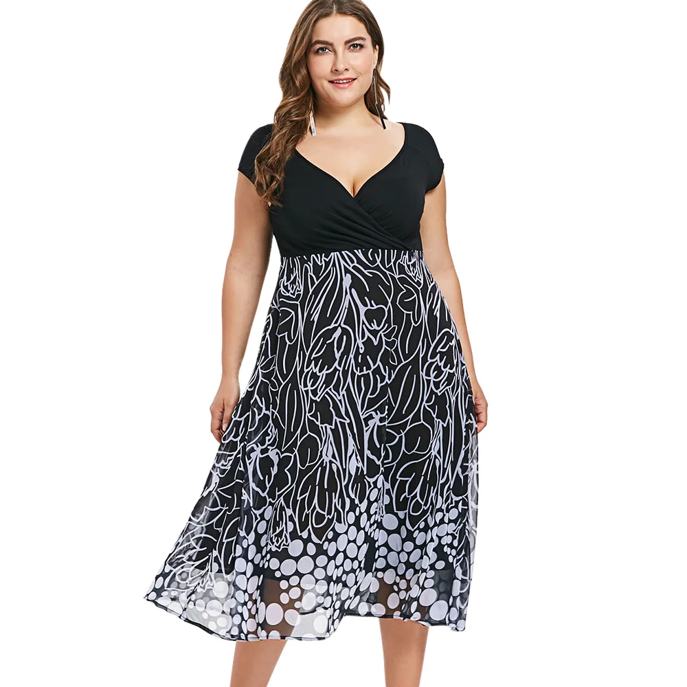 Плюс Размер Женщин Элегантное Летнее Платье V-образным Вырезом Высокая Талия