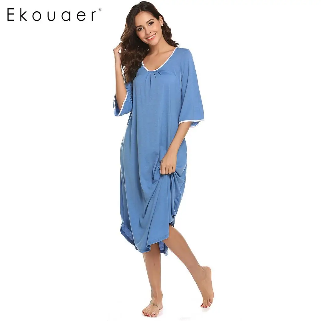 Фото Женская ночная рубашка Ekouaer однотонная сорочка с круглым вырезом и коротким Женская ночная рубашка Ekouaer однотонная сорочка с круглым вырезом и коротким