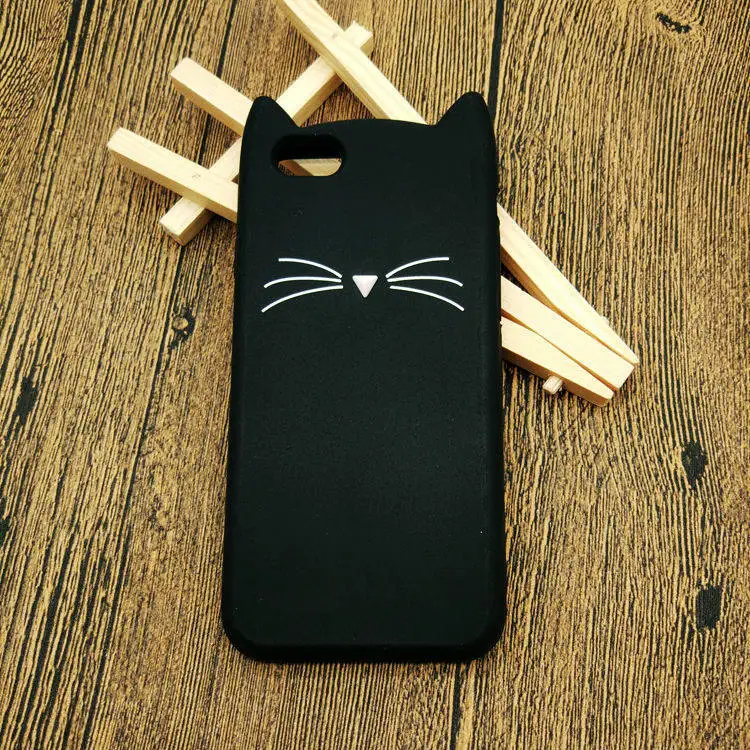 3D Cute Black and White Beard Cat Ear Phone Case for iPhone 5 6S 6 7 8 - Back Cover for iPhone 7 8 6S Plus - Soft Silicone Case image 4