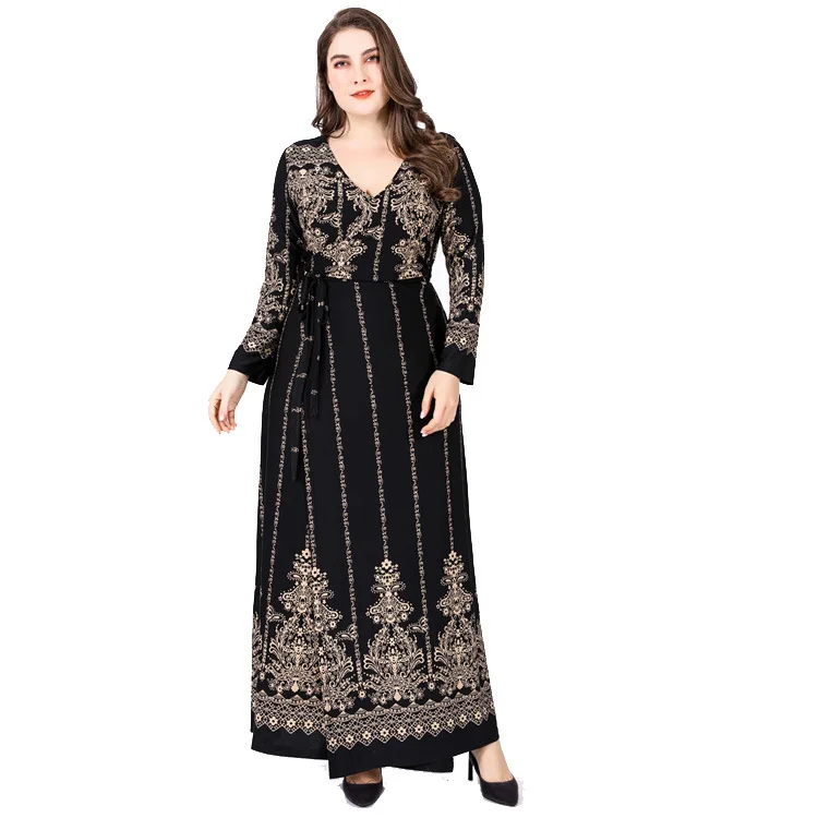 

Long Sleeve V Lead Women Dress Plus Size 6l Lady Quality Printing High Waist Favourite Cotton XL XXL XXXL 4XL 5XL 6XL