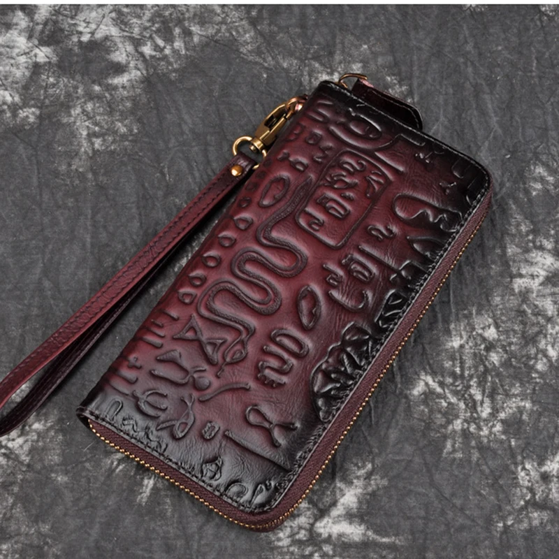 

High Quality Embossed Women Clutch Handy Wallet Multi-Capacity ID/Credit Cards Holder Vintage Genuine Leather Wrist Long Purse