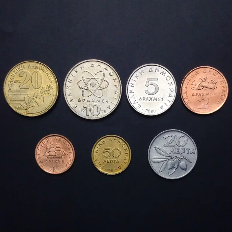 [X 5] греческий набор 7 монет 1 2 5 10 20 Драч + 50 центов UNC европейская монета