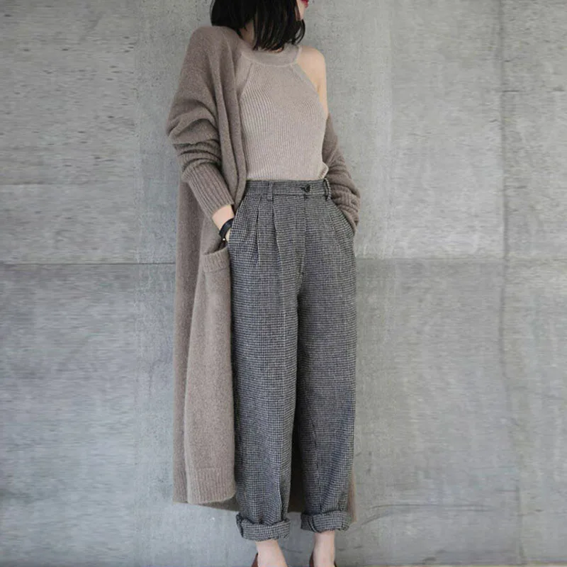 Осеннее пальто женское повседневное с длинным рукавом Свободный вязаный