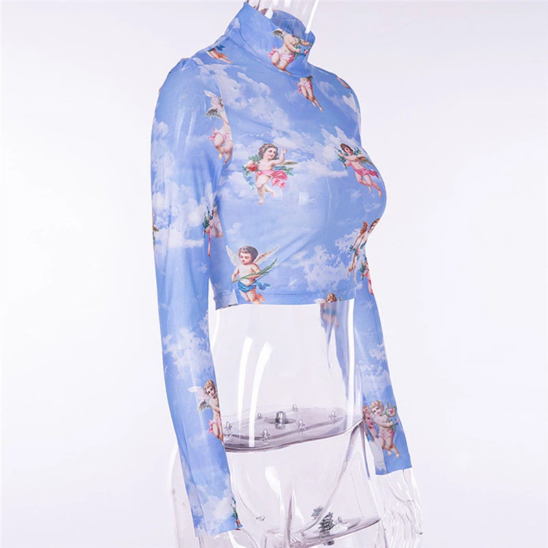 Женский сексуальный сетчатый прозрачный укороченный топ блузка с принтом богини