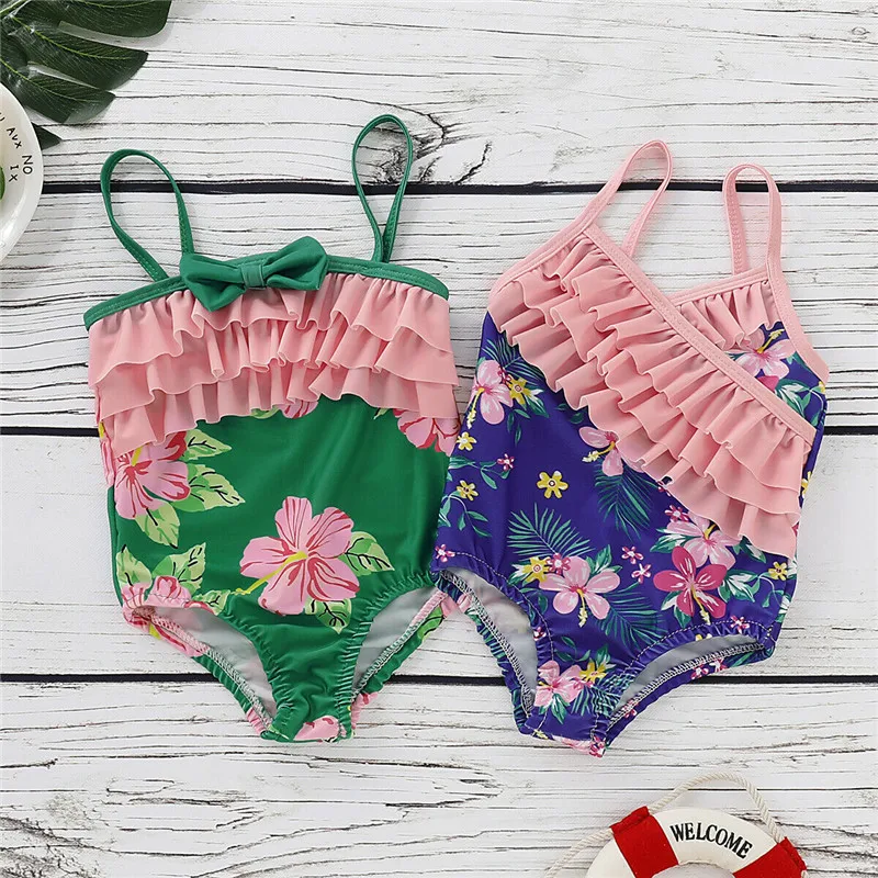 

Newborn Kid Baby Girl Beachwear Halter One-piece Swimwear Flower Bow Bikini Floral Printed Bathing Suit Baby Girls Swimsuit 1-7Y