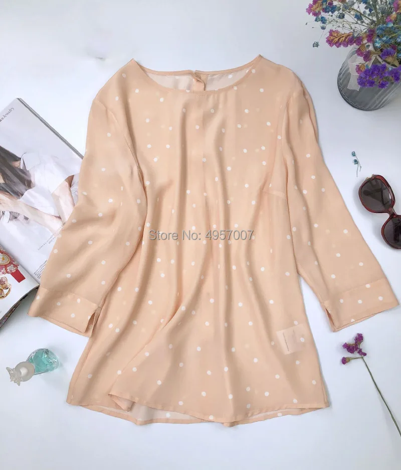 Высокое качество шелка 100% вишня в цвету розовое платье горошек с принтом блузка