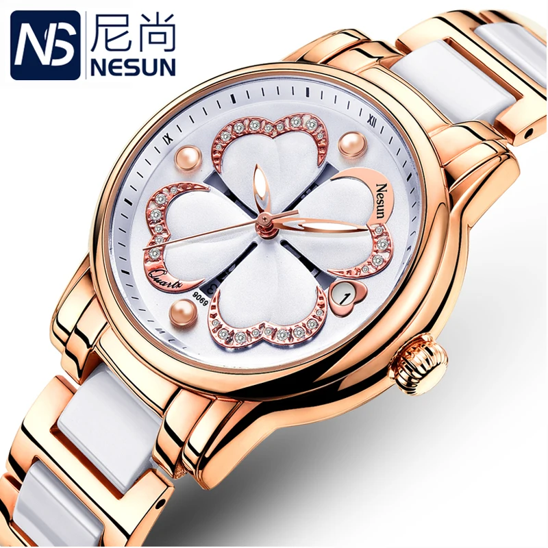 Switzerland NESUN Luxury Brand Japan Quartz Movement Women's Watches Pearl Waterproof Clock Diamond Auto Date Wristwatches N9069