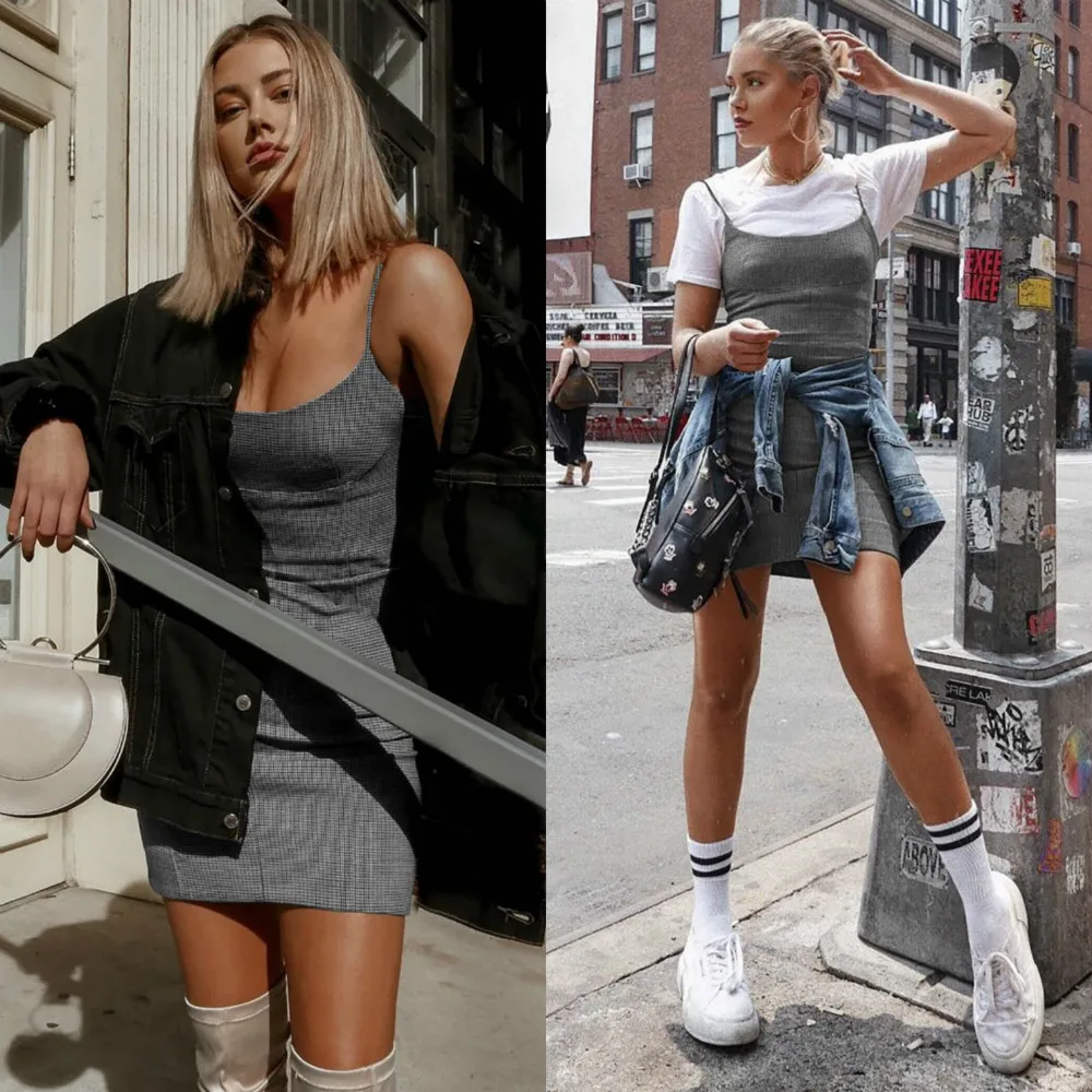 Женское облегающее платье на бретельках uгостя прямое клетчатое выше колена без