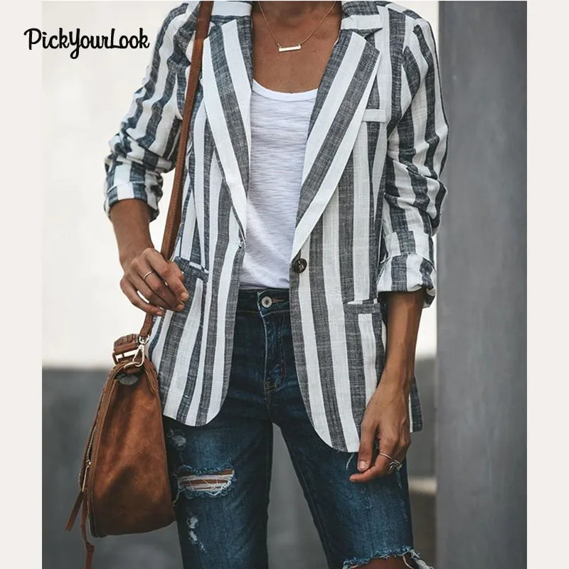 PickYourLook Мода в Вертикальную Полоску Для женщин пальто с длинным рукавом Стильная
