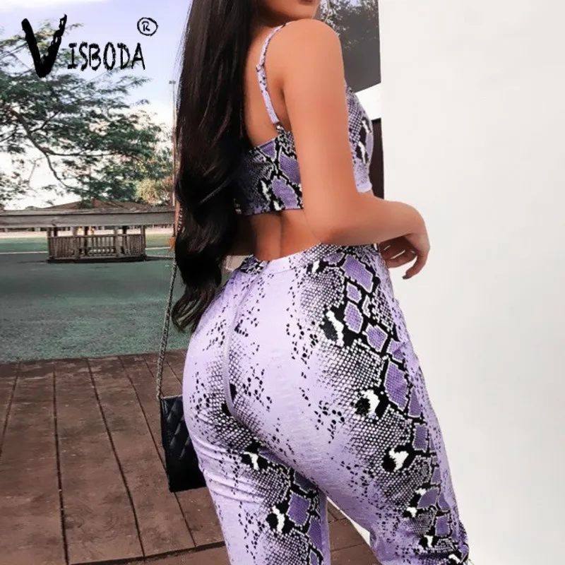 Women Sexy Crop Top And Pants 2 Pieces Set 2019 Fashion Female Purple Snake Skin Printed Bralette Zipper Vest Wide Leg | Женская одежда