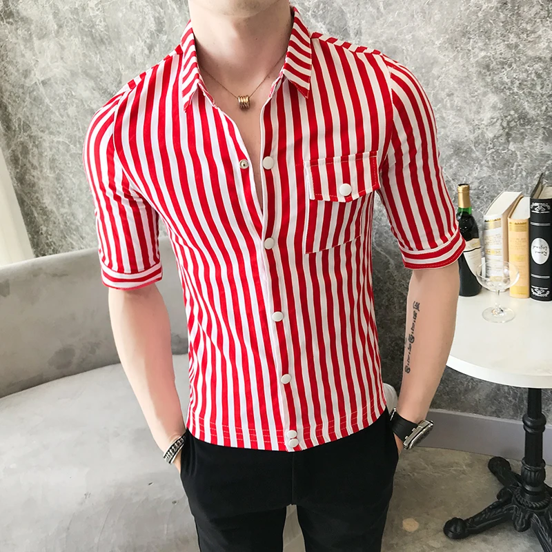 Мужская рубашка с коротким рукавом Camisa Masculina приталенная Простая в полоску