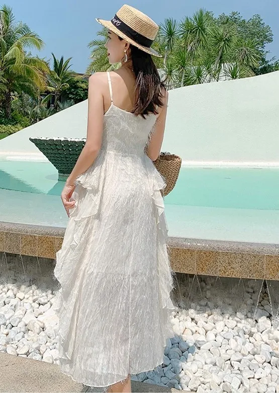 2019 Summer Women Elegant Spaghetti Straps Ruffles Boho Dress Ladies High Waist Sexy V Neck Backless Long Beach Dresses Vestidos | Женская