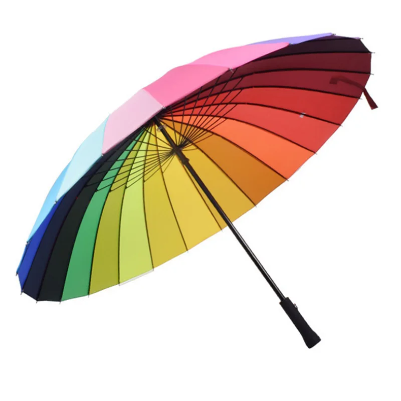 

Hot Sale 24K Rib Color Rainbow Fashion Long Handle Straight Anti-Uv Sun/Rain Stick Umbrella Manual Big Parasol