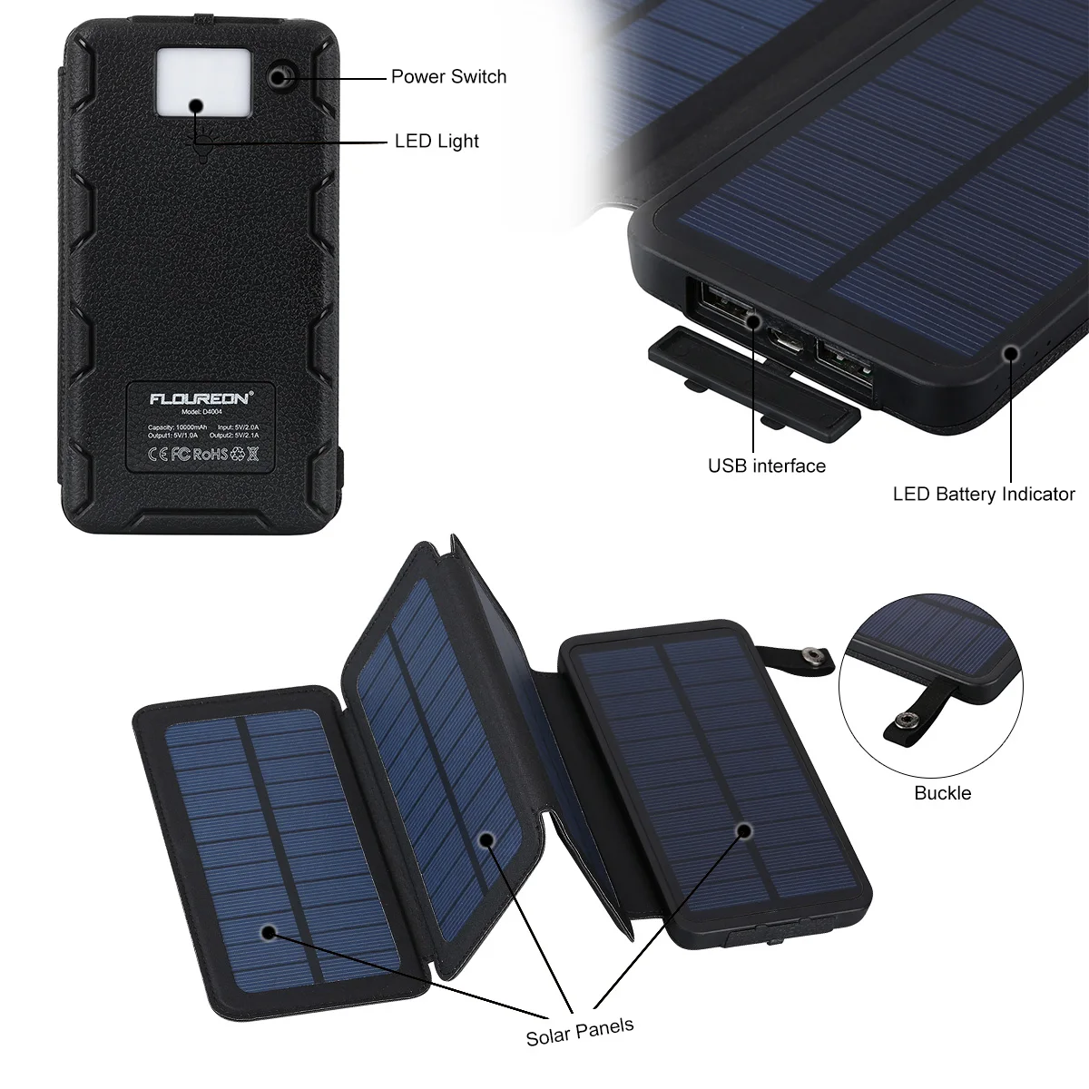 Floureon солнечной энергии банк с светодиодный свет 10000 mAh портативный телефон