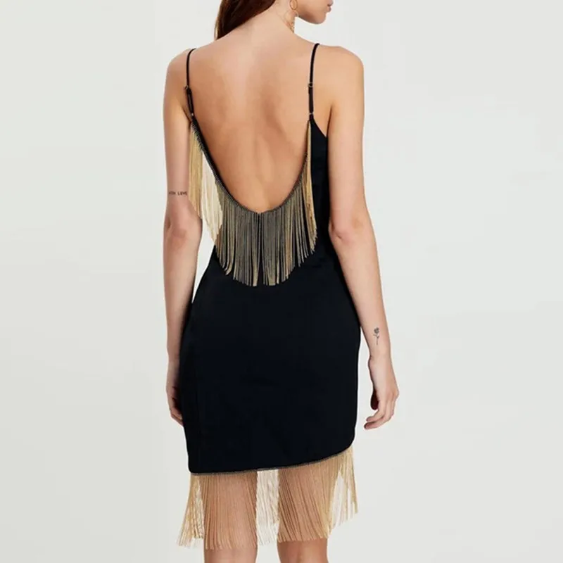 CHICEVER летнее соблазнительное с открытой спиной лоскутное кисточкой Черное