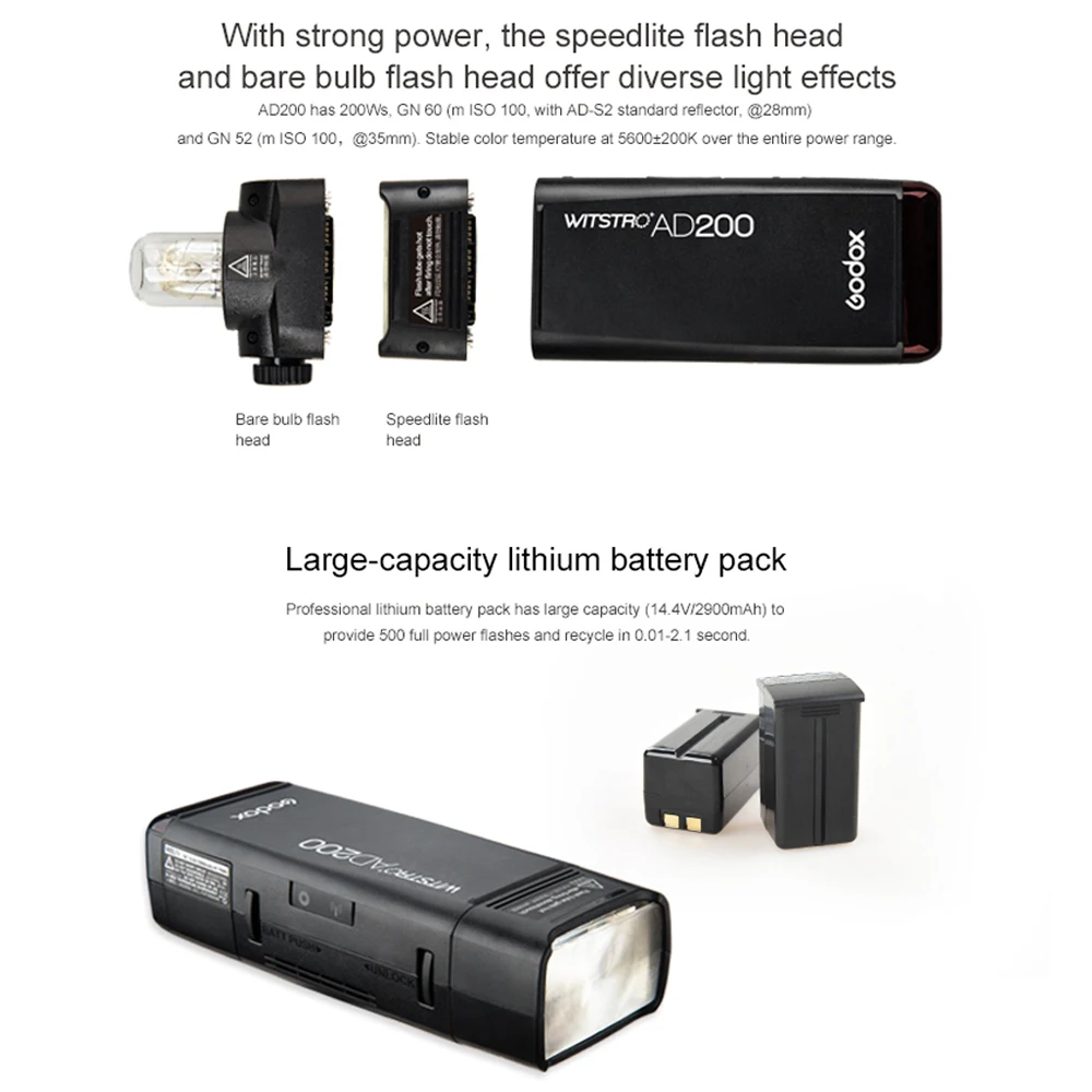 Godox AD200 TTL 2.4G HSS 1/8000s Pocket Flash Light Double Head 2900mAh Lithium Battery X1T-C/F/N/O/S For Canon Fuji Nikon Sony |