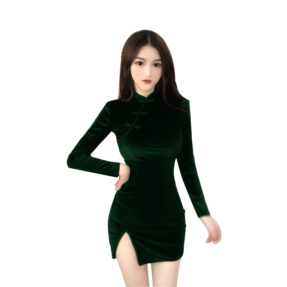 Женское бархатное платье-Ципао с длинным рукавом и разрезом | Женская одежда
