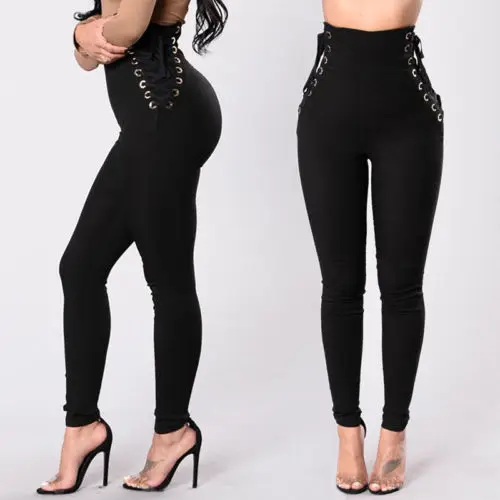 Womens Long Slim Solid High Waist Black Khaki Pants Trousers | Женская одежда