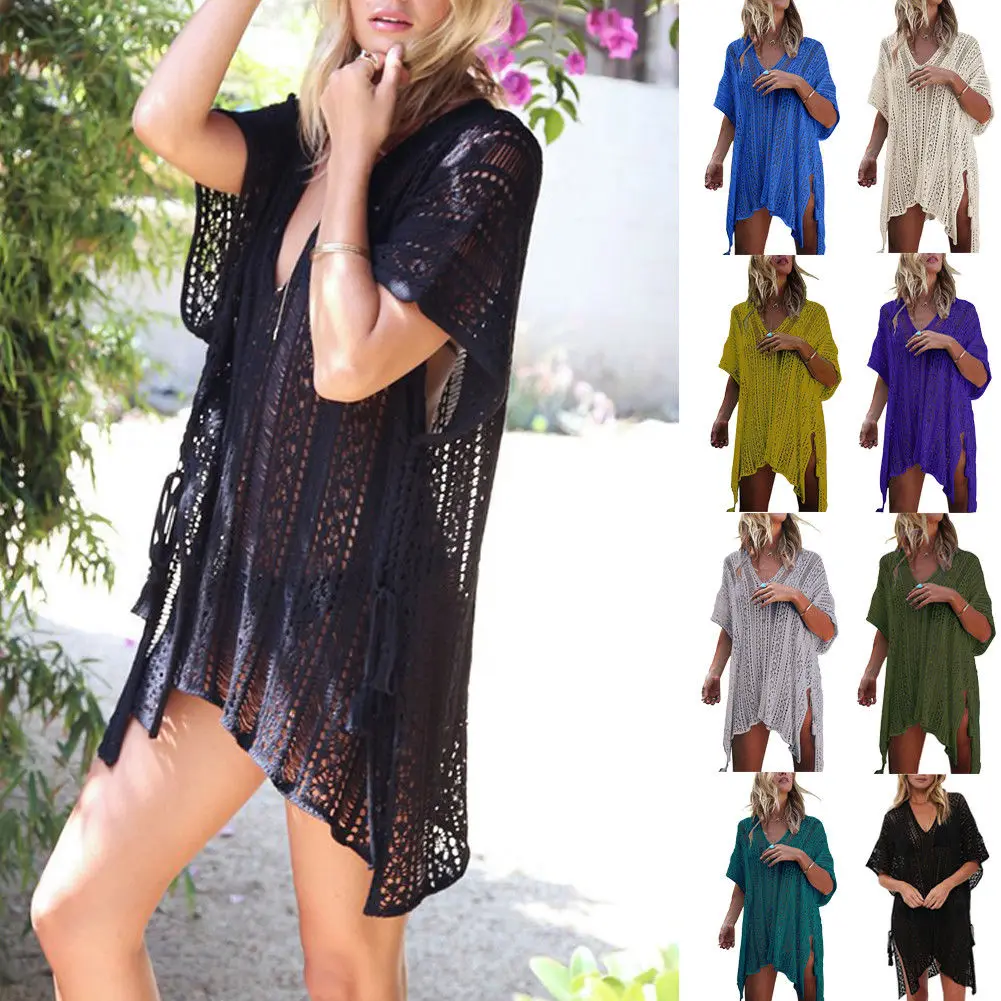 

Summer Womens Boho Beach Bandage Tops V-Neck Short Sleeve Long Blouse Shirts Ladies Hollow Loose Mini Sundress Outfits Clothes