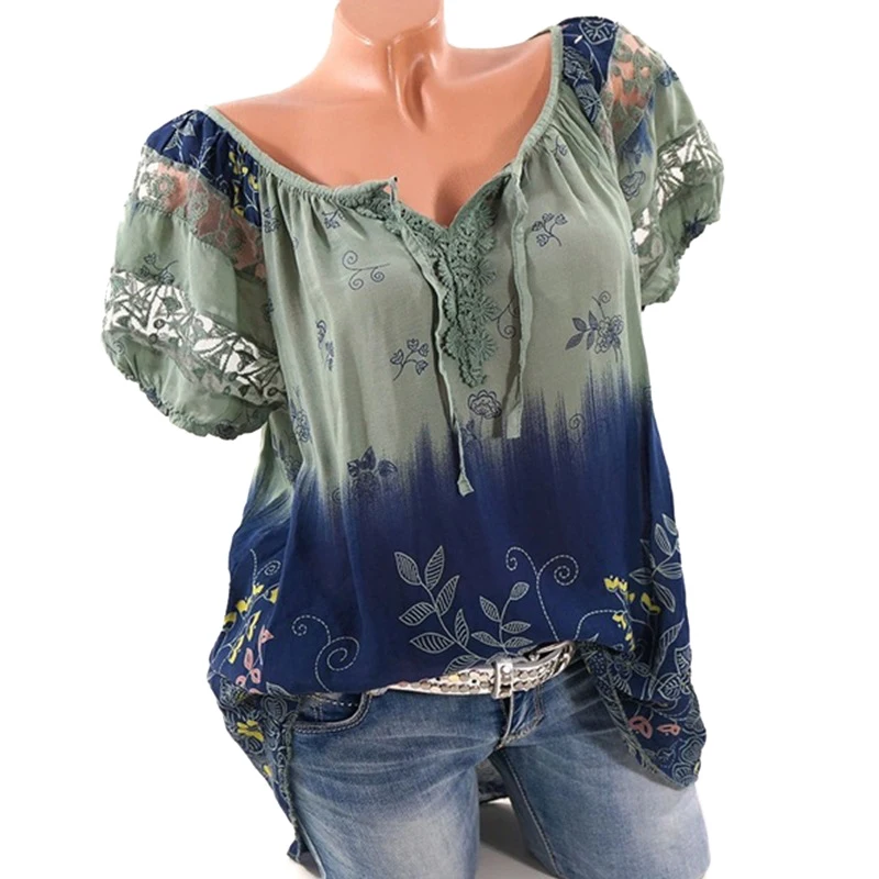 

5XL размера плюс 2019 новые летние для женщин с коротким рукавом Кружевное платье с v-образной горловиной Цветочный принт блузки рубашки для ма...