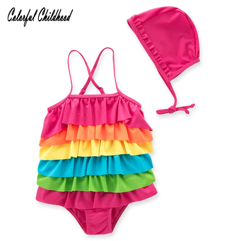 Летний купальник для девочек одежда маленьких с разноцветными оборками цельный