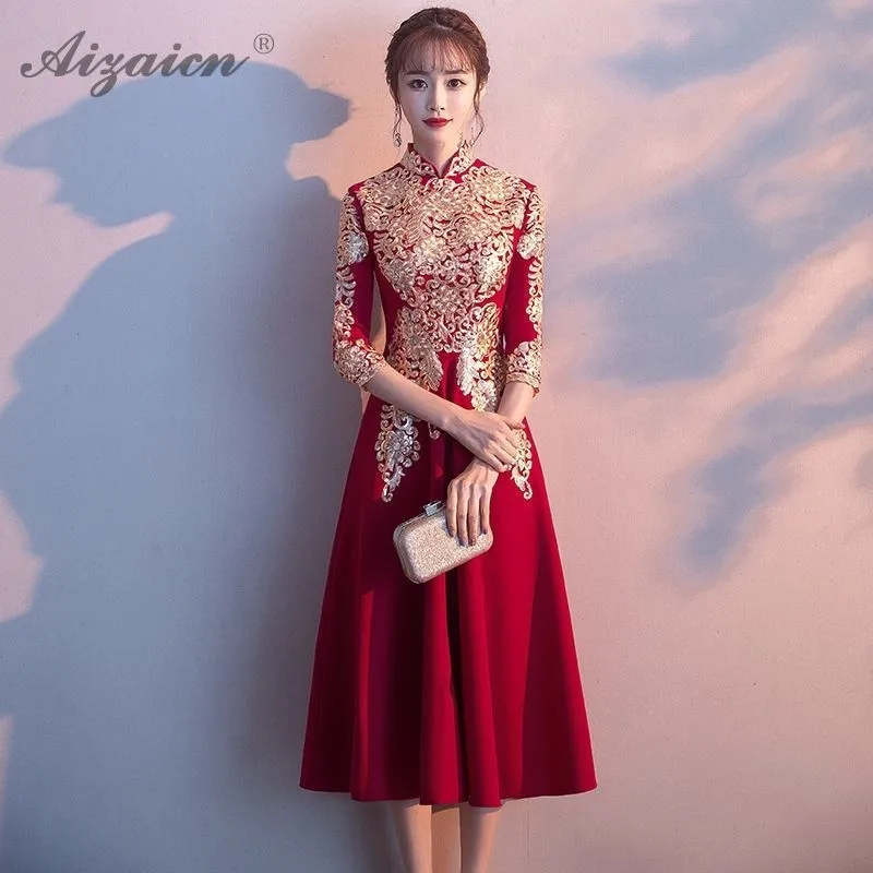 

Red Traditional Chinese Wedding Dress Qipao Women Robe Rouge Fashion Girls Cheongsam Cotton A-line Plus Size Evening Dresses