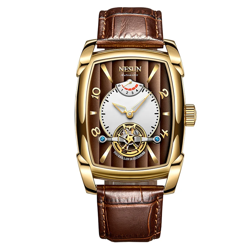 Автоматические механические часы Nesun Tourbillion, часы со скелетом, мужские роскошные Брендовые мужские часы, водонепроницаемые, relogio masculino N9039-3