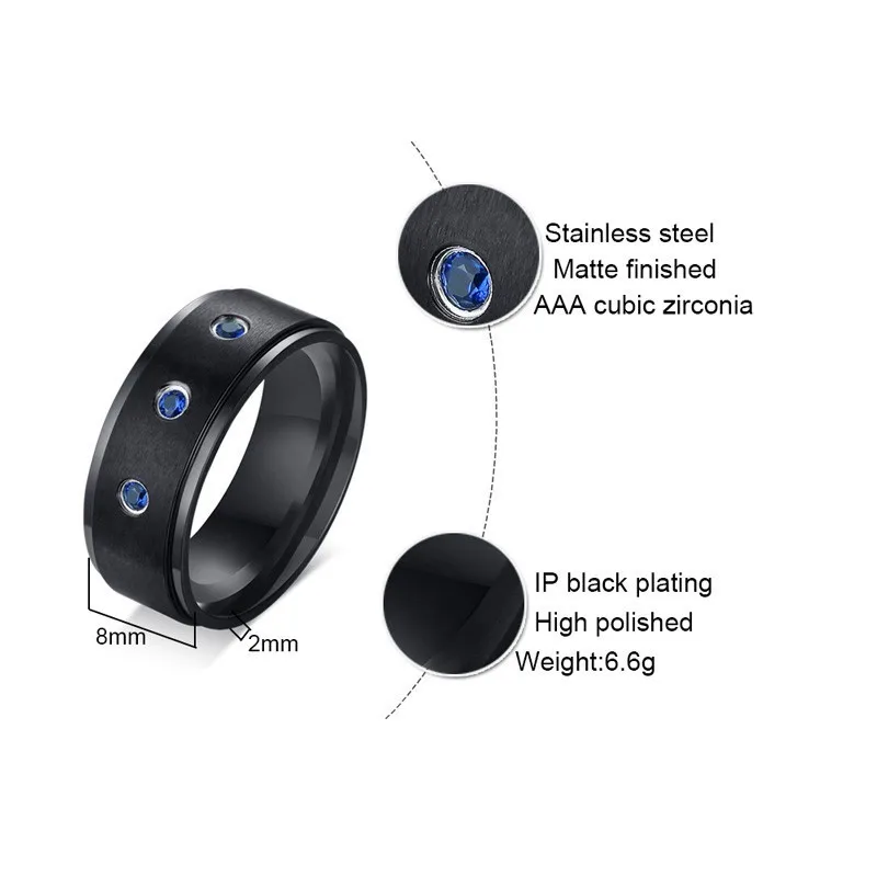 Мужские кольца Vnox Introverted Blue CZ из матовой нержавеющей стали Подарочные ювелирные