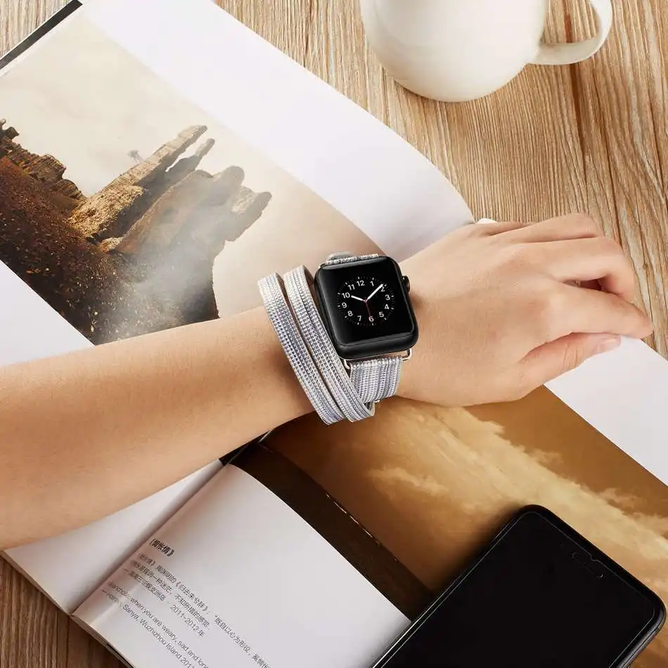 Ремешок кожаный для Apple Watch 4 44 мм 40 двухрядный браслет звездного цвета подходит 3 2