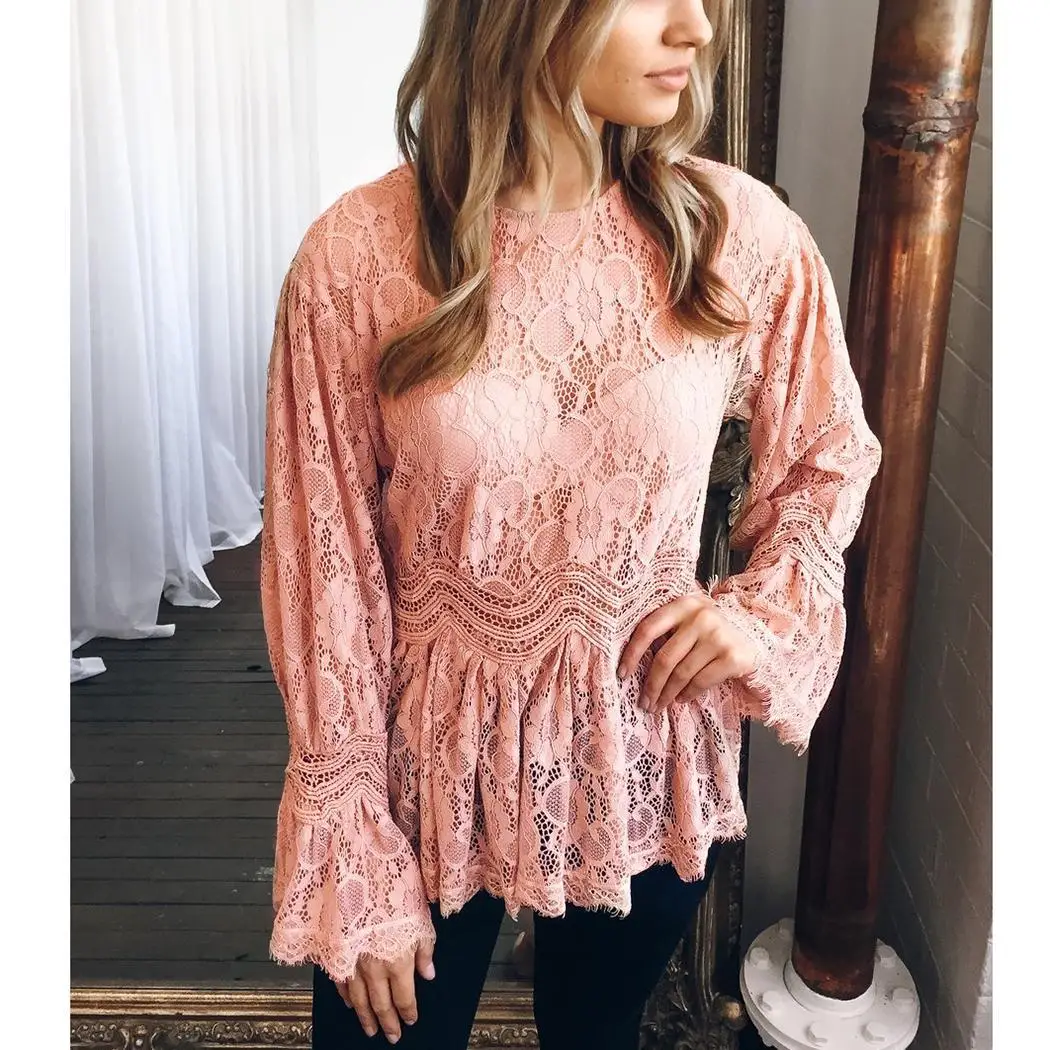 Women Casual Long Sleeve Floral O-neck Loose Pleated Pullover Lace Regular Summer Autumn Spring Tops |