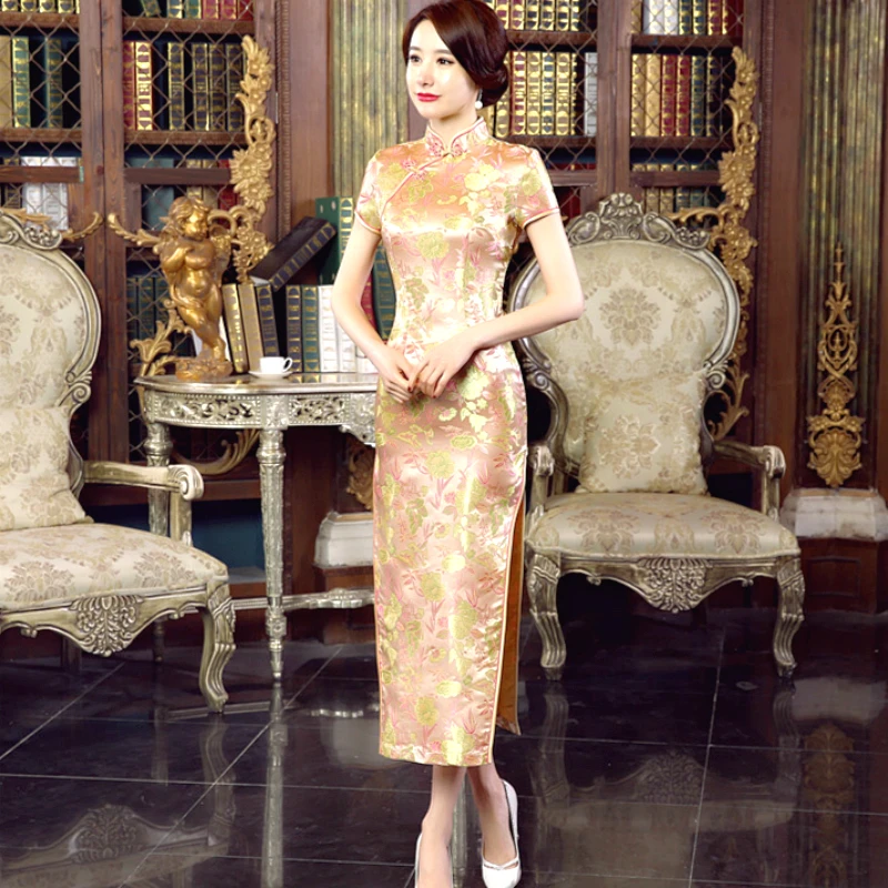 Золотое платье для невесты Qipao вечерние платья длинное представление Т образная