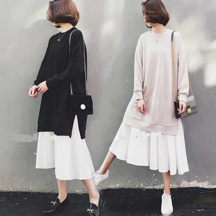 2021 plus size women's dress long lantern sleeve loose o-neck side split fleece patchwork chiffon female clothes | Женская одежда