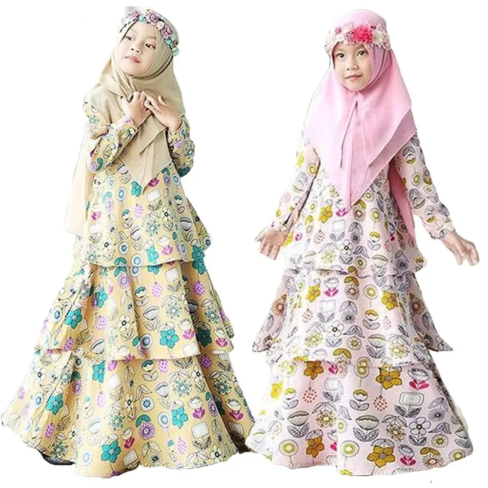 Платье с длинным рукавом и цветочным принтом для девочек-мусульманок, Детский комплект из 2 предметов, платье-кафтан с О-образным вырезом
