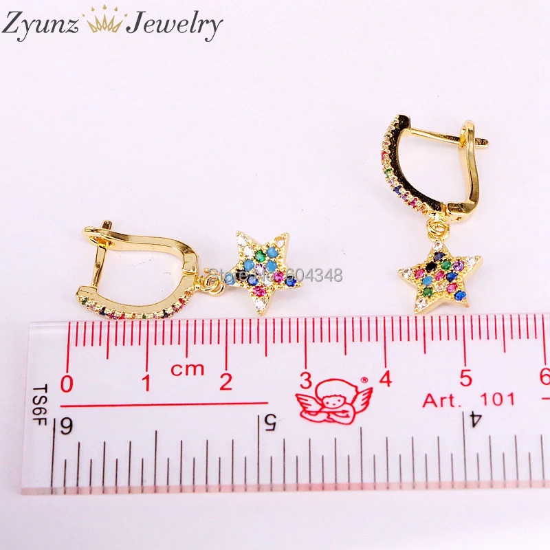 

10Pairs ZYZ339-1378 delicate star charm clip on micro pave rainbow cz cute tiny star dangle earring