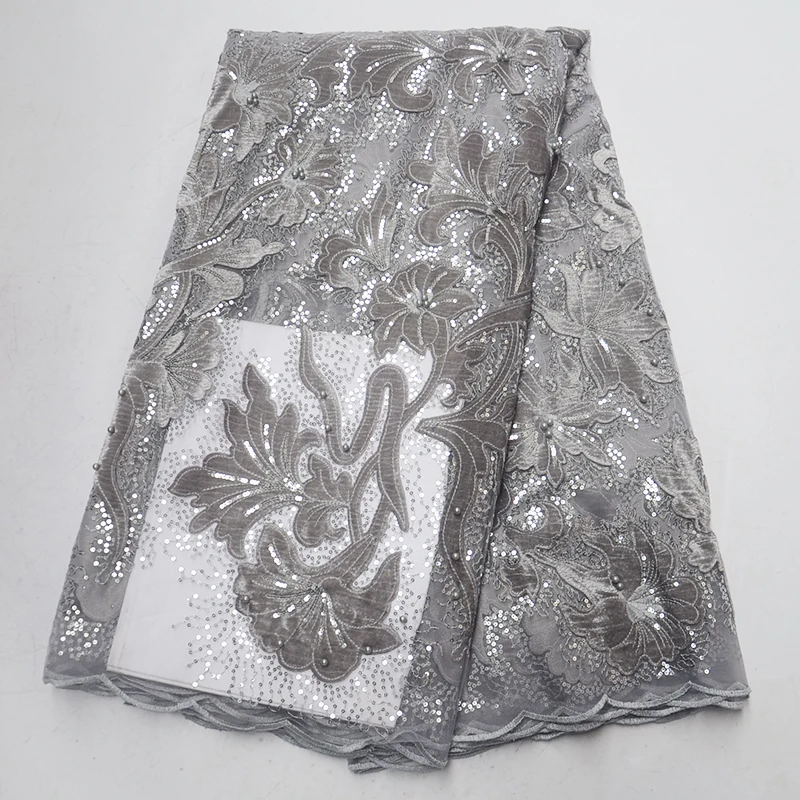 

2019 High quality grey Nigerian wedding french guipure lace unique African tulle velvet lace fabric with sequins beads for dress