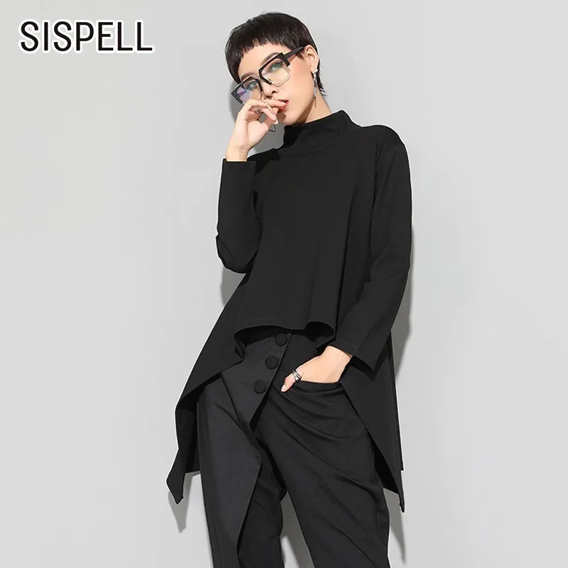 SISPELL Женская Черная Футболка Водолазка с длинным рукавом асимметричный подол