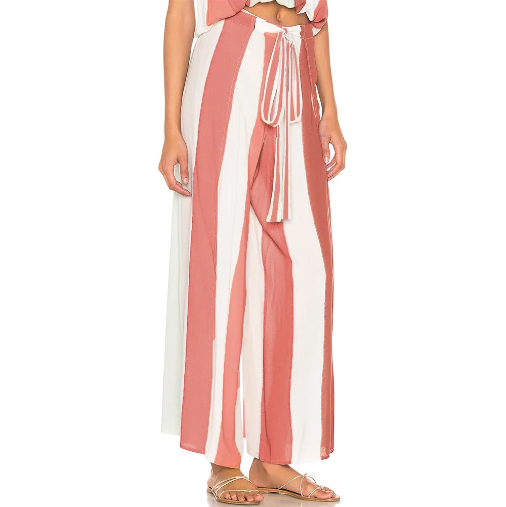 Women Wide Leg Pants 2019 Summer Hot Sexy High Split Yoga Pants High Waist Loose Palazzo Pants Striped Long Trousers Beach Pants