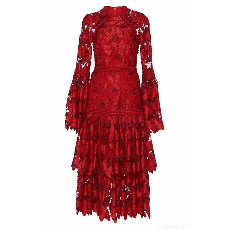 2019 Лето Boho Цветочные женские красные платье длины макси с кружевами Подиум