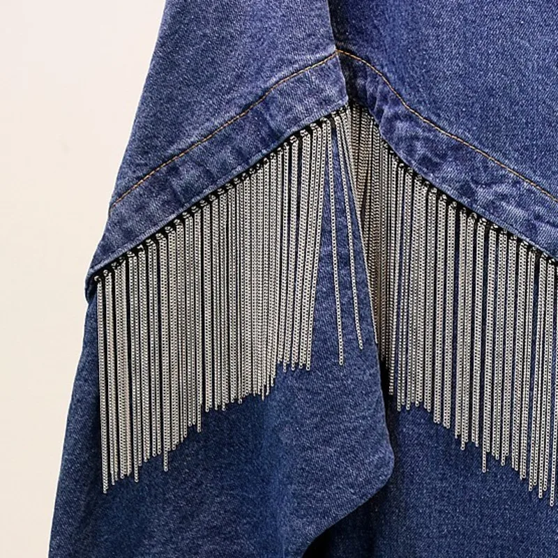 Женская джинсовая куртка в стиле Харадзюку синяя ковбойском с кисточками и