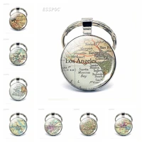 american cities map glass pendant keychain los angeles pittsburgh san francisco fashion souvenir keyring jewelry traveler gift