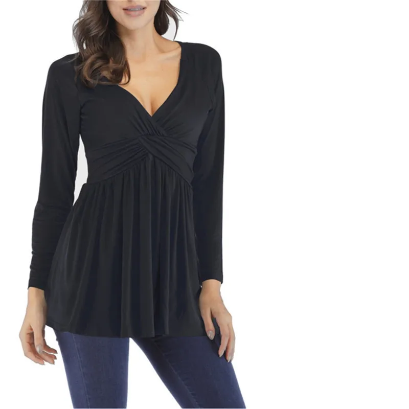 Женская плиссированная Блузка с V образным вырезом длинным рукавом и