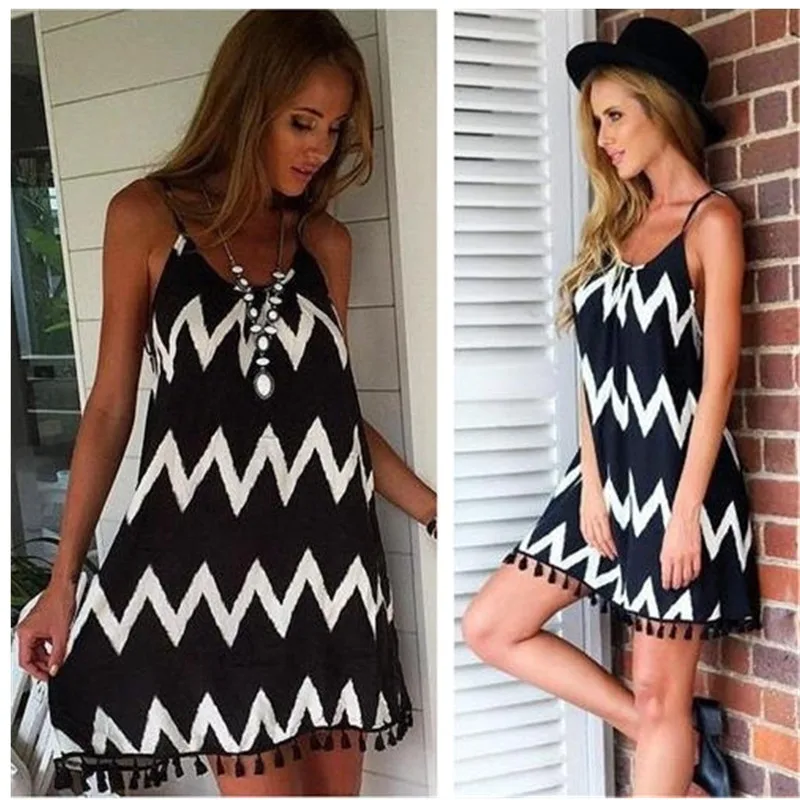 Женское пляжное платье на бретельках повседневное мини с геометрическим принтом